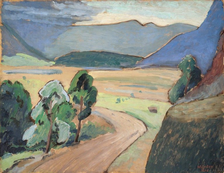Auf diesem Bild ist das folgende Kunstwerk zu sehen: Gabriele Münter. Landschaft. 1935.