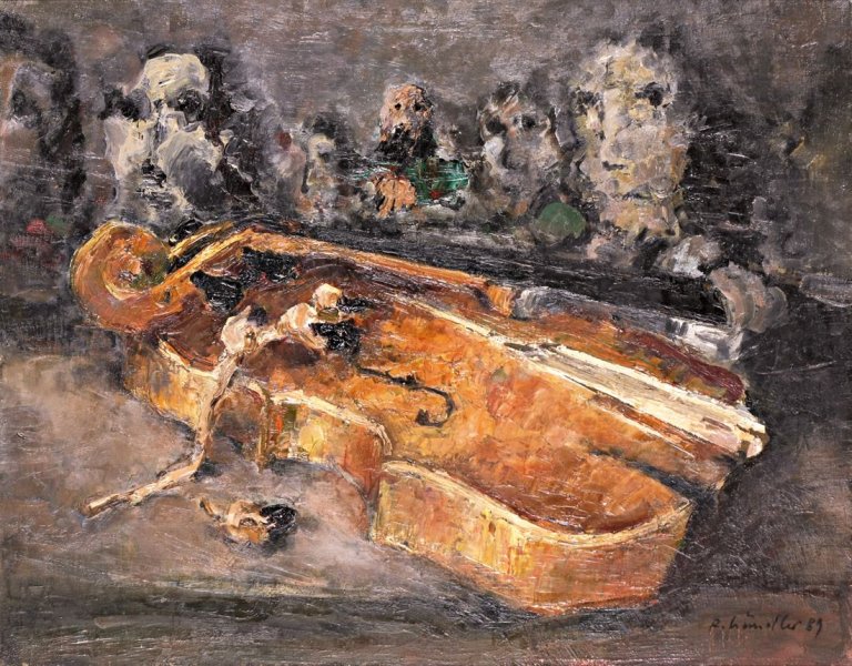 Auf diesem Bild ist das folgende Kunstwerk zu sehen: Rolf Händler. „Zerbrochene Geige“. 1989.