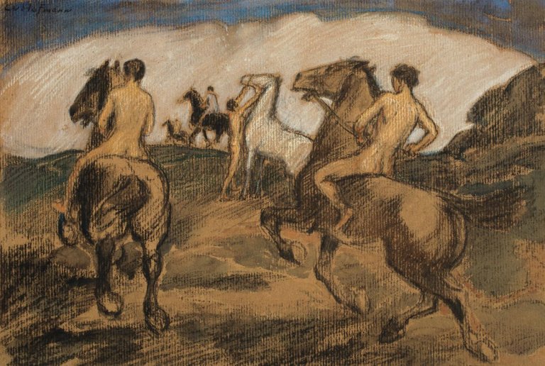 Auf diesem Bild ist das folgende Kunstwerk zu sehen: Ludwig von Hofmann. Reiter in Landschaft.