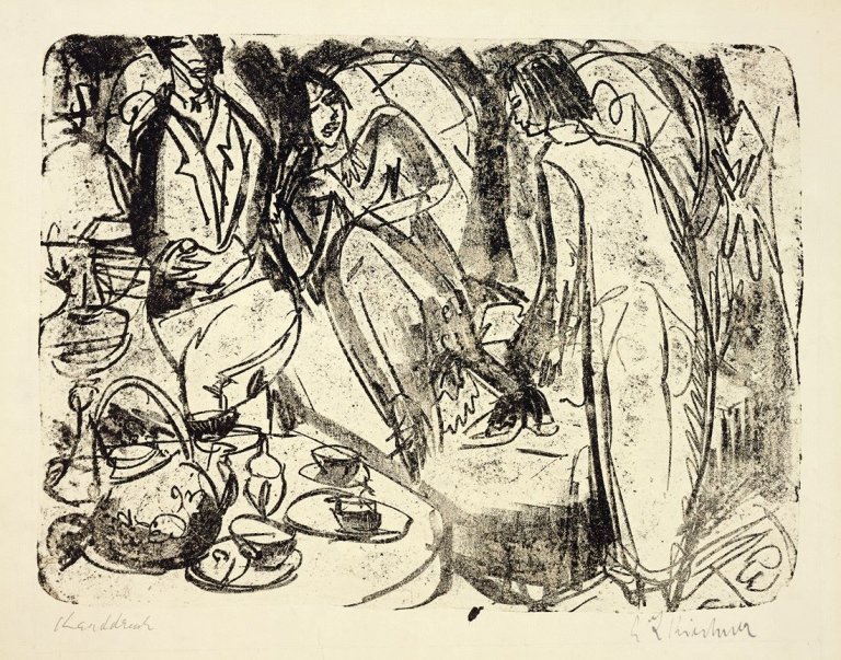 Auf diesem Bild ist das folgende Kunstwerk zu sehen: Ernst Ludwig Kirchner. „Teestunde“. 1912.