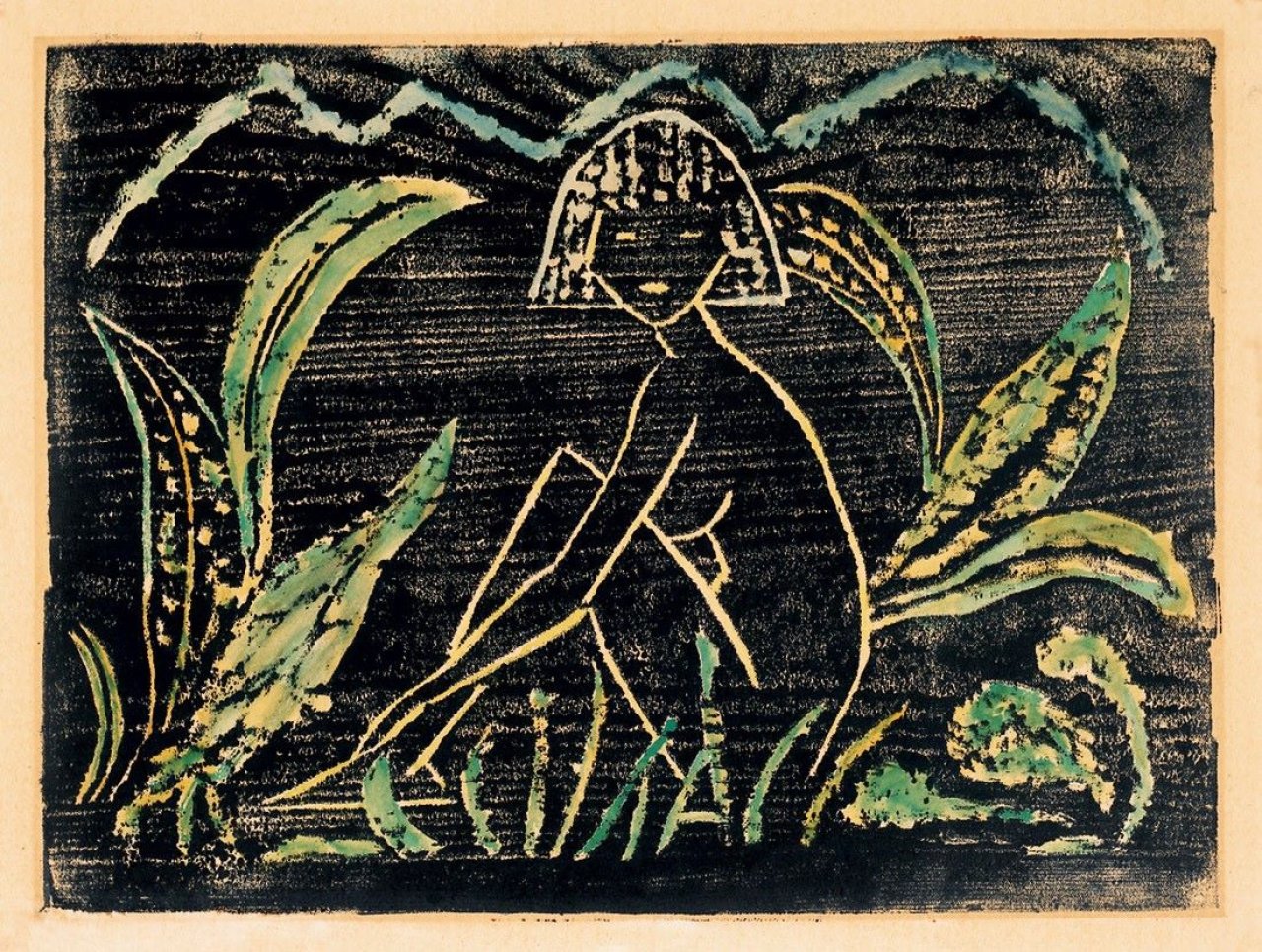 This picture shows the following artwork: Otto Mueller. „Mädchen zwischen Blattpflanzen (Mädchen im Schilf)“. 1912.