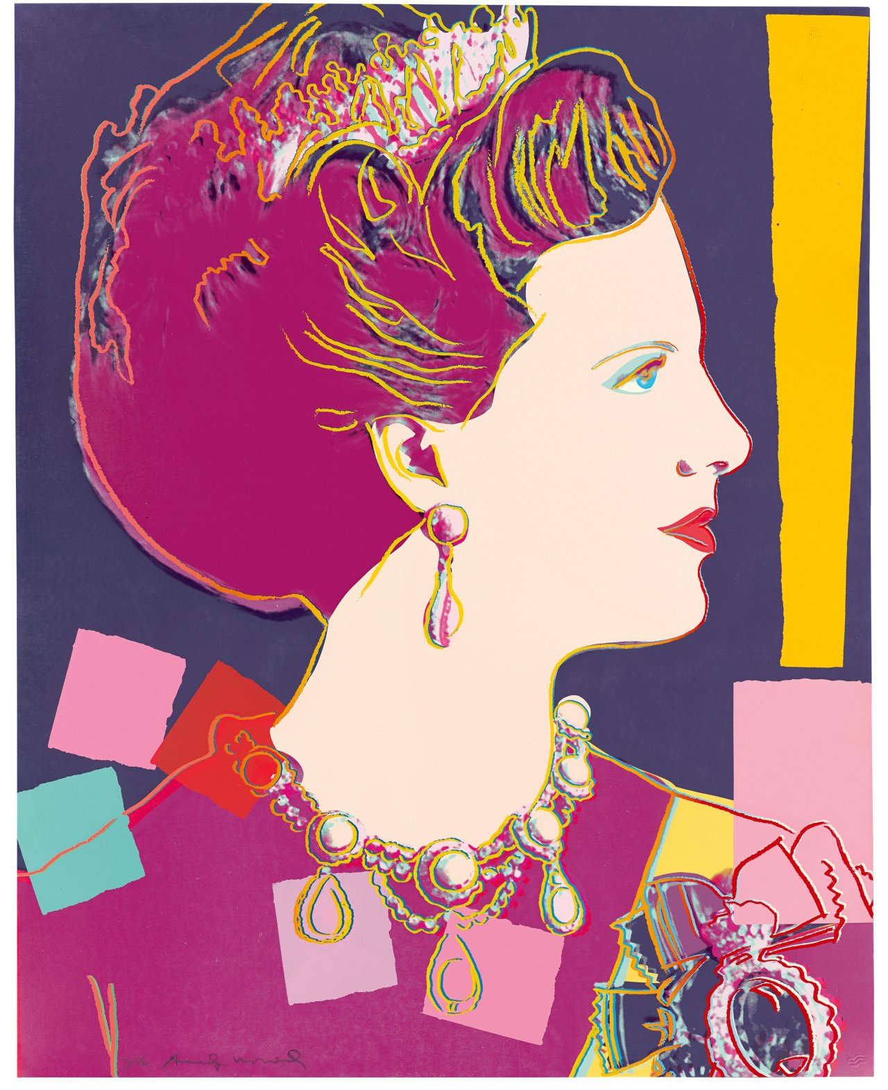 This picture shows the following artwork: Andy Warhol. “Queen Margrethe II of Denmark – from the series: Reigning Queens“ (Royal Edition). 1985.