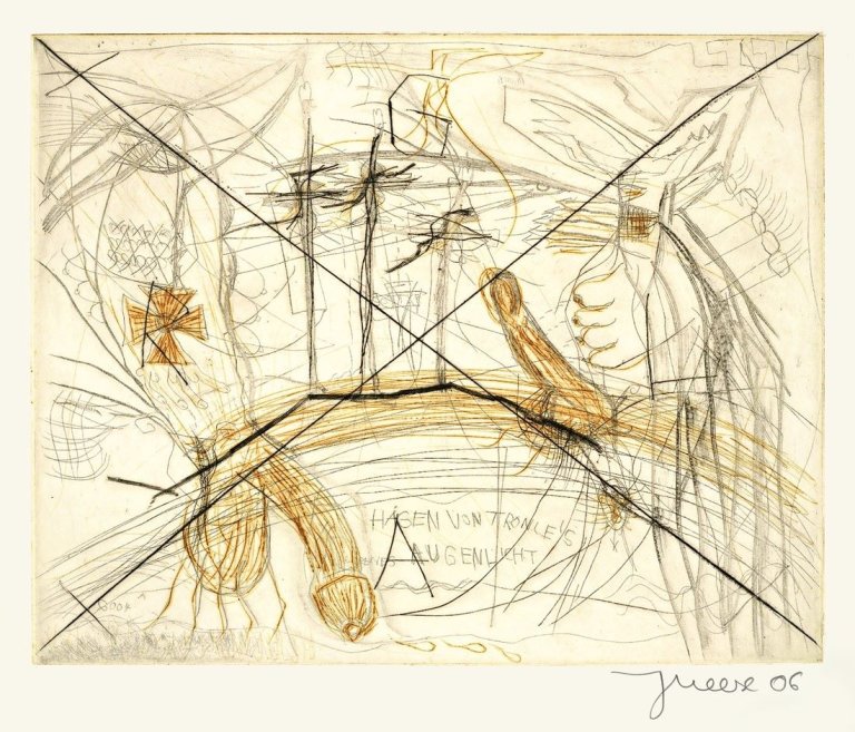 Auf diesem Bild ist das folgende Kunstwerk zu sehen: Jonathan Meese. „Zwei Schwänze für ein Halleluja (Django IV-II)“ / „Die Exe Schrympylei“ / „Der hohlste Kunsthistoriker“ / „Der Junker Toni, Ohni“ / „Don Skeletti im Fettnapf mit 10 Zäpfchen“ / „Colonel Iverson“. 2006/07.