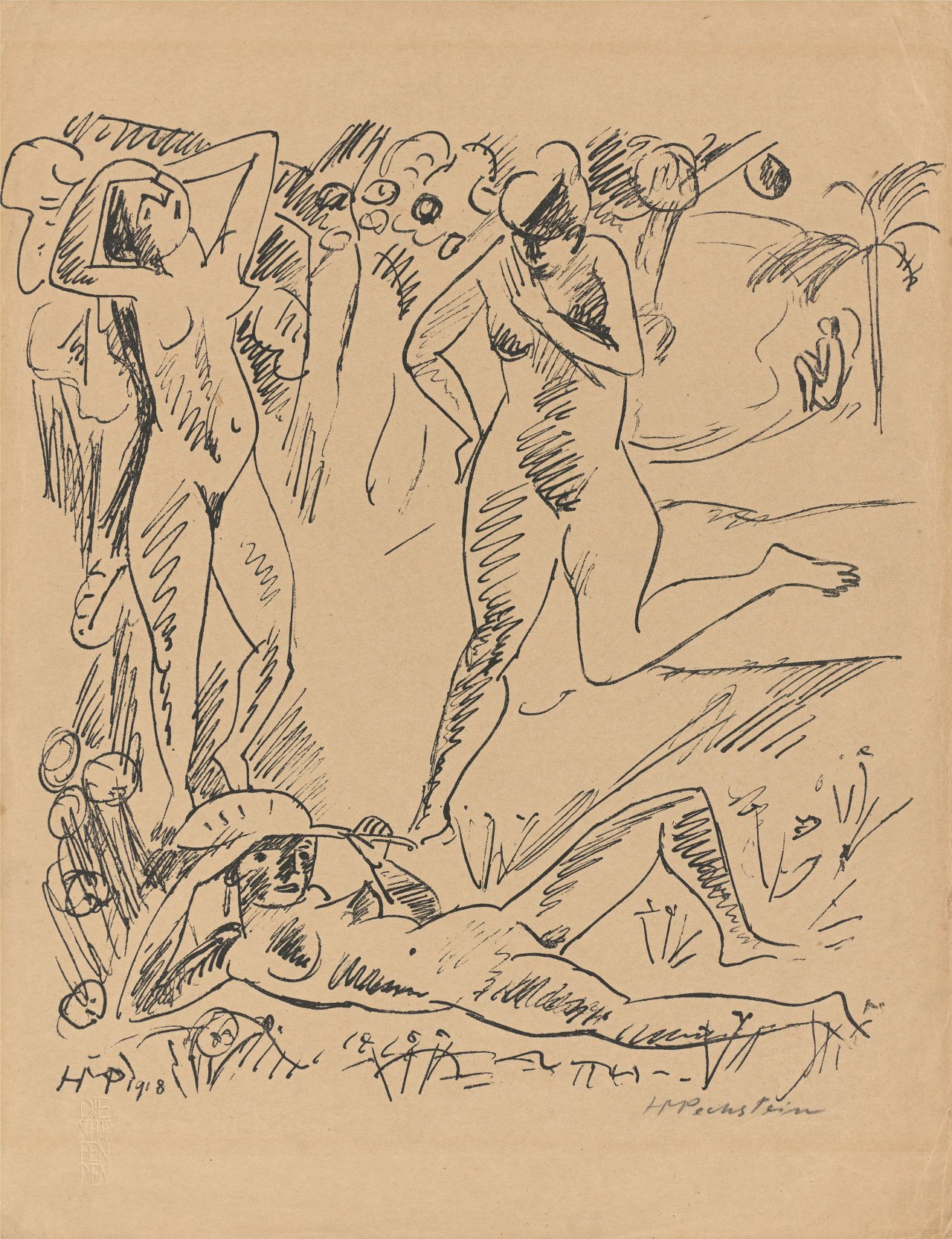 Auf diesem Bild ist das folgende Kunstwerk zu sehen: Max Pechstein. „Komposition (Mit drei Palauakten)“. 1918.
