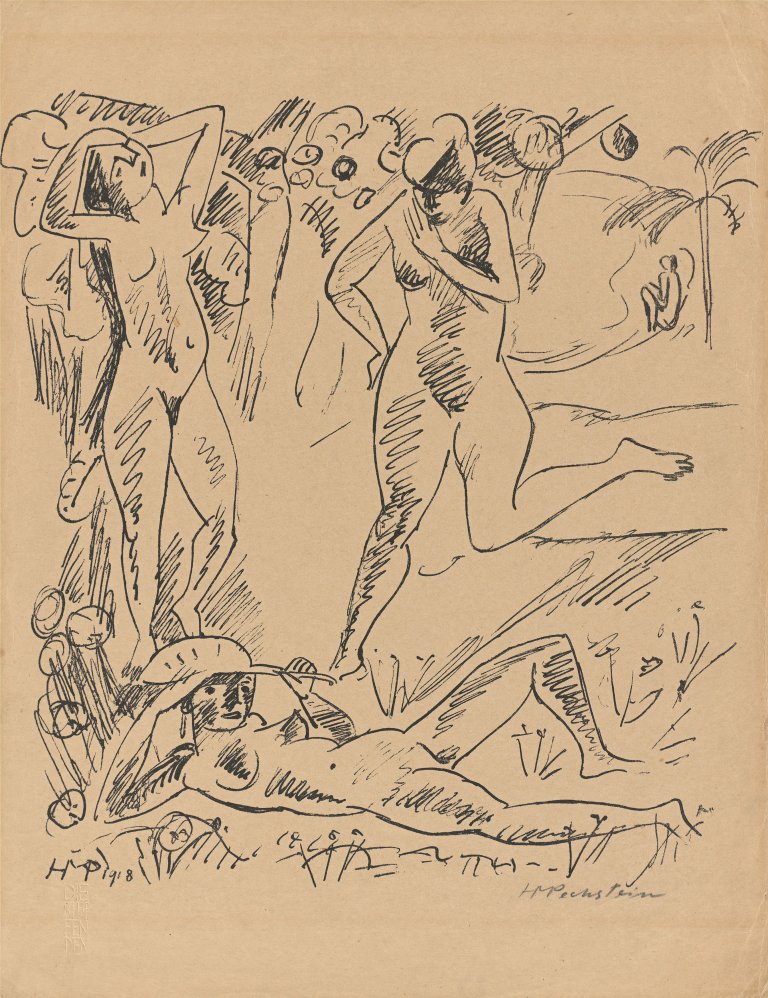 Auf diesem Bild ist das folgende Kunstwerk zu sehen: Max Pechstein. „Komposition (Mit drei Palauakten)“. 1918.