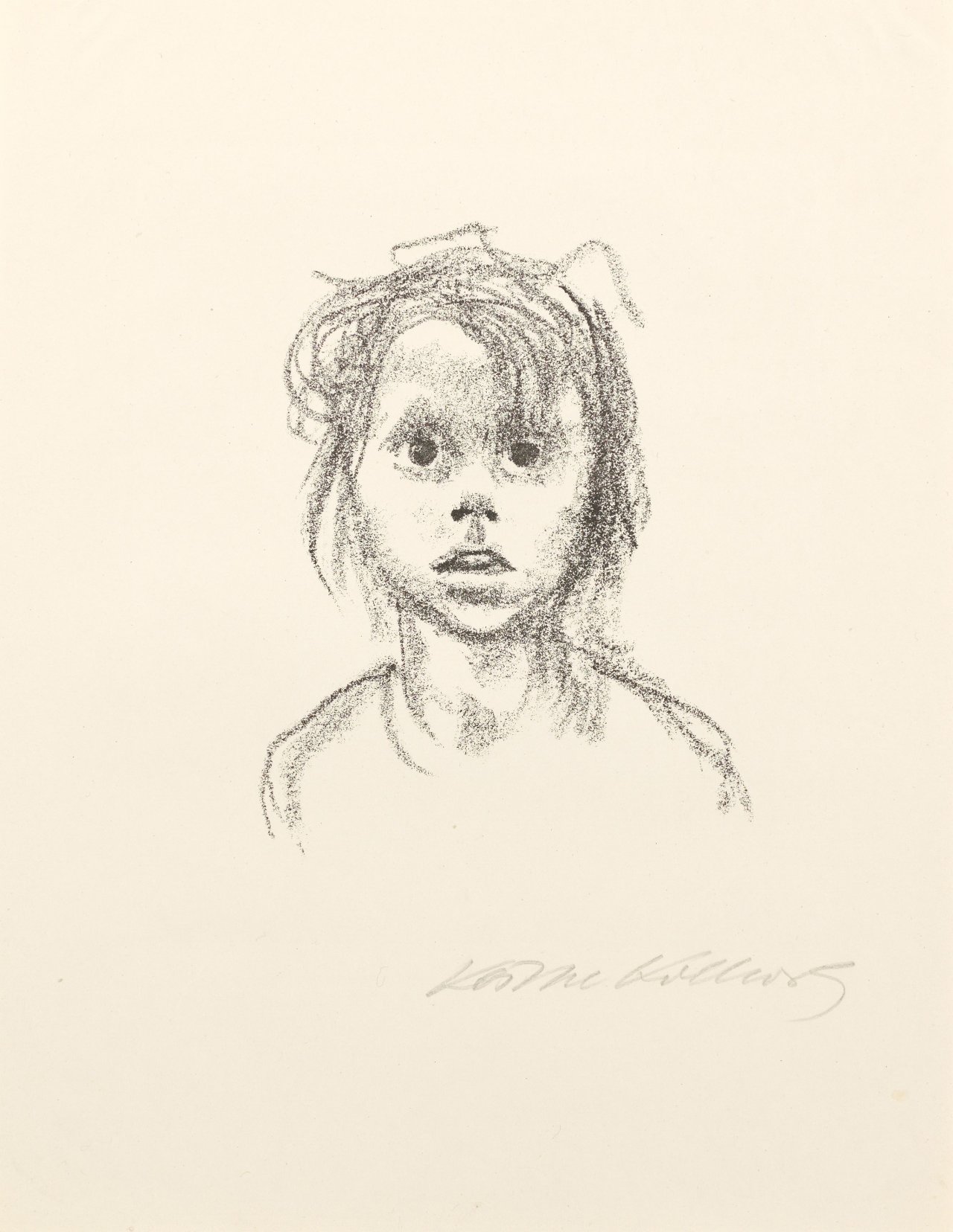 Auf diesem Bild ist das folgende Kunstwerk zu sehen: Käthe Kollwitz. „Kinderkopf (Lotte Nagel)“. 1925.