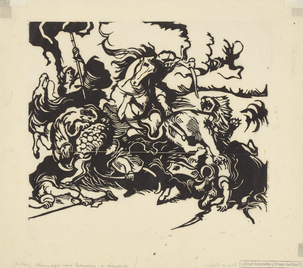 This picture shows the following artwork: Franz Marc. ”Löwenjagd nach Delacroix”. 1913.