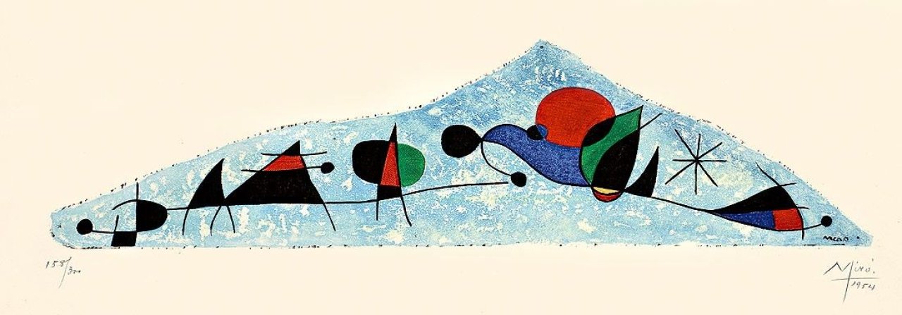 Auf diesem Bild ist das folgende Kunstwerk zu sehen: Nach Joan Miró. „Et l'Oiseau s'enfuit vers les pyramides“. 1954.