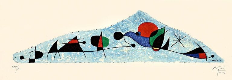 Auf diesem Bild ist das folgende Kunstwerk zu sehen: Nach Joan Miró. „Et l'Oiseau s'enfuit vers les pyramides“. 1954.