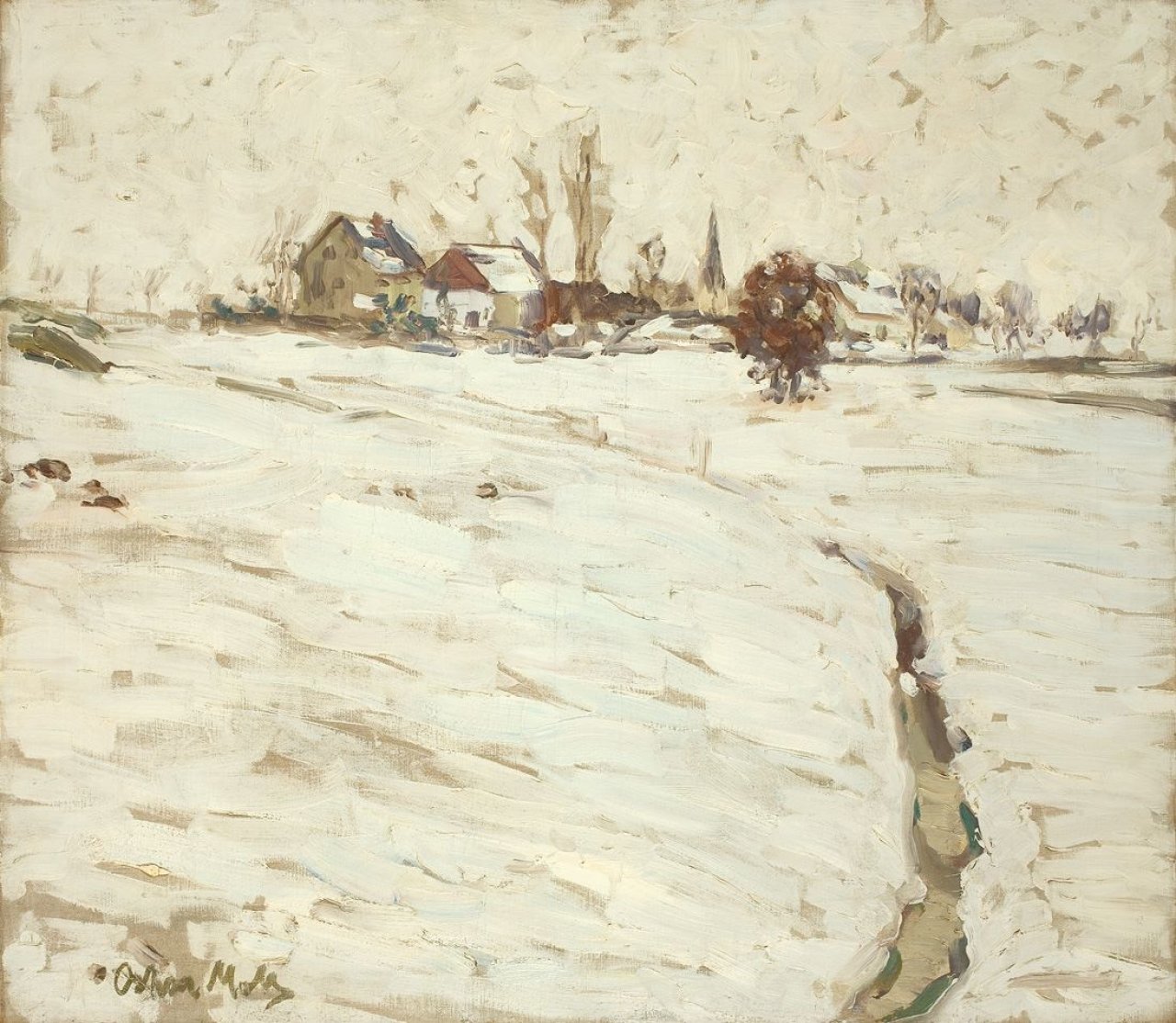 Auf diesem Bild ist das folgende Kunstwerk zu sehen: Oskar Moll. „Schneelandschaft bei Grafrath“. Um 1904.