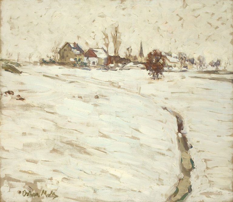 Auf diesem Bild ist das folgende Kunstwerk zu sehen: Oskar Moll. „Schneelandschaft bei Grafrath“. Um 1904.