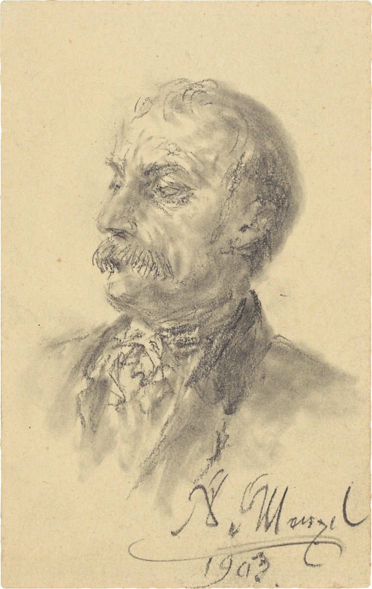 Auf diesem Bild ist das folgende Kunstwerk zu sehen: Adolph Menzel. Porträt eines Mannes mit Schnauzbart. 1903.