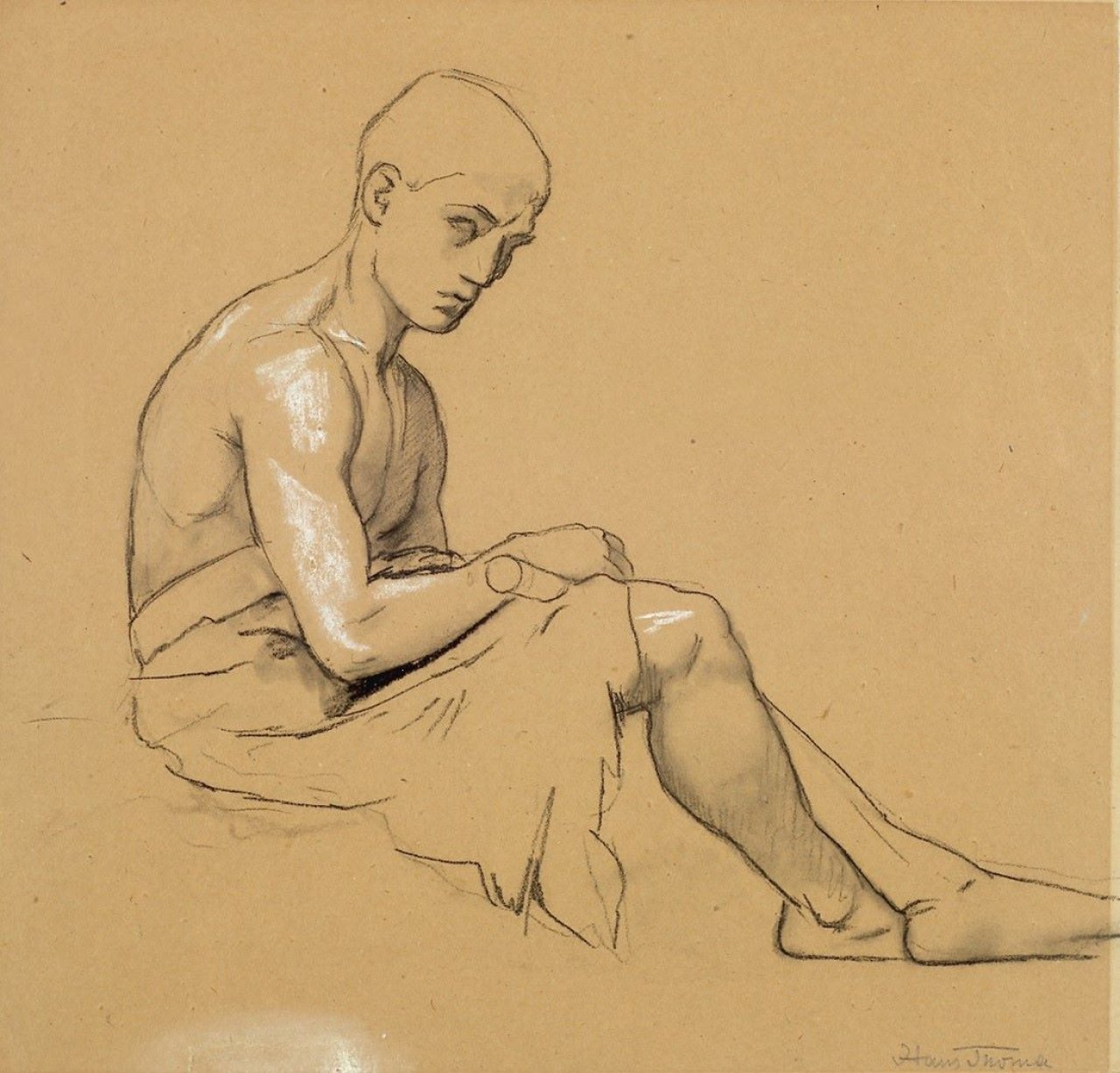 Auf diesem Bild ist das folgende Kunstwerk zu sehen: Jeanne Mammen. „Weiblicher Akt von links, mit Arm auf Gesäss gestützt“. Um 1930.