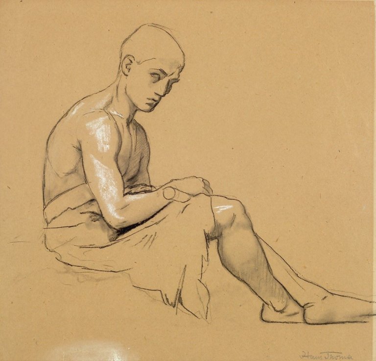 Auf diesem Bild ist das folgende Kunstwerk zu sehen: Jeanne Mammen. „Weiblicher Akt von links, mit Arm auf Gesäss gestützt“. Um 1930.