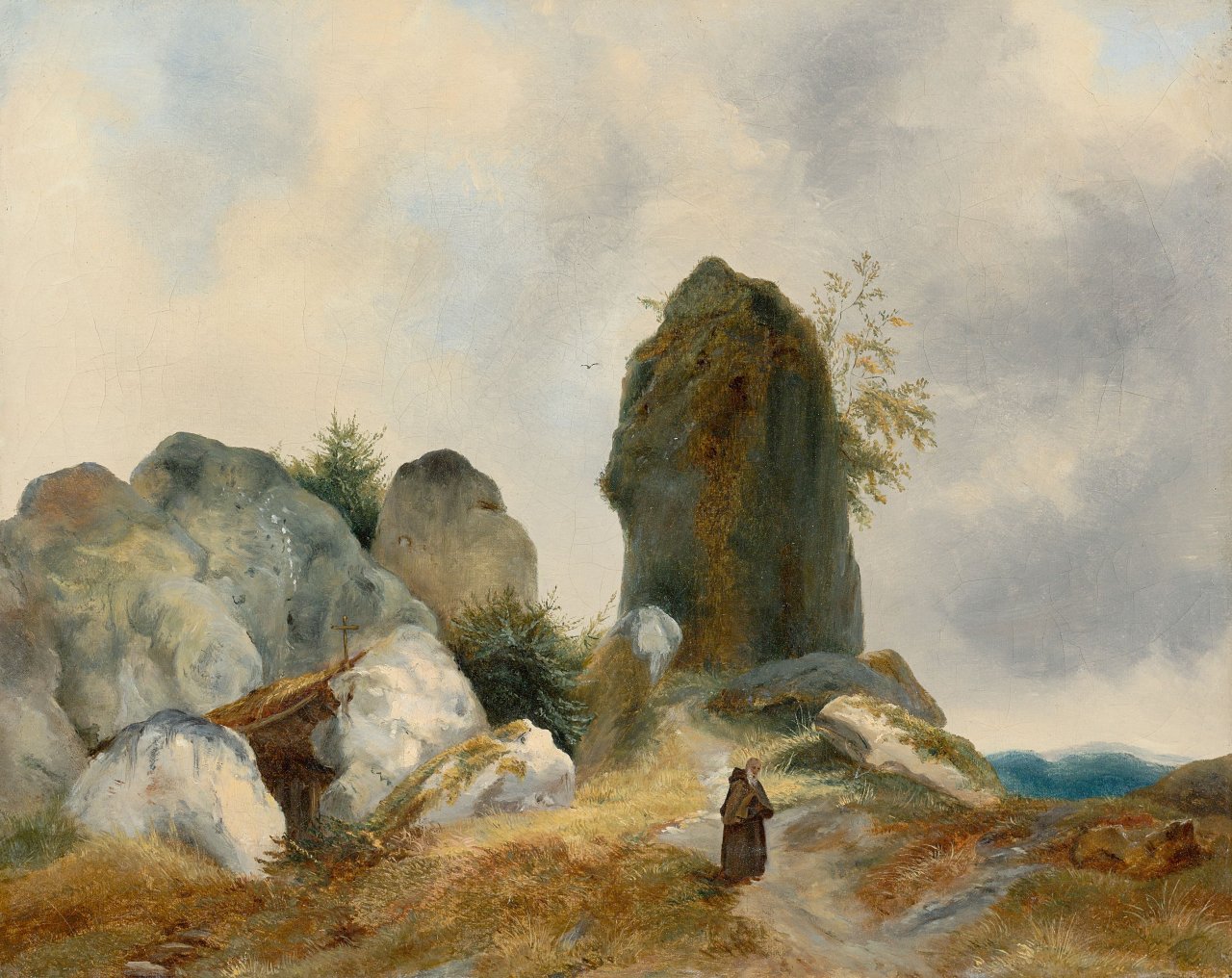This picture shows the following artwork: Carl Blechen. A Rocky Landscape with a Hermit.
