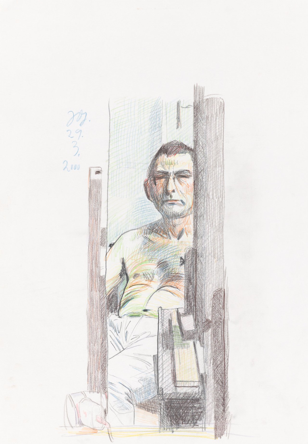 Auf diesem Bild ist das folgende Kunstwerk zu sehen: Johannes Grützke. Selbstbildnis mit Staffelei. 2000.