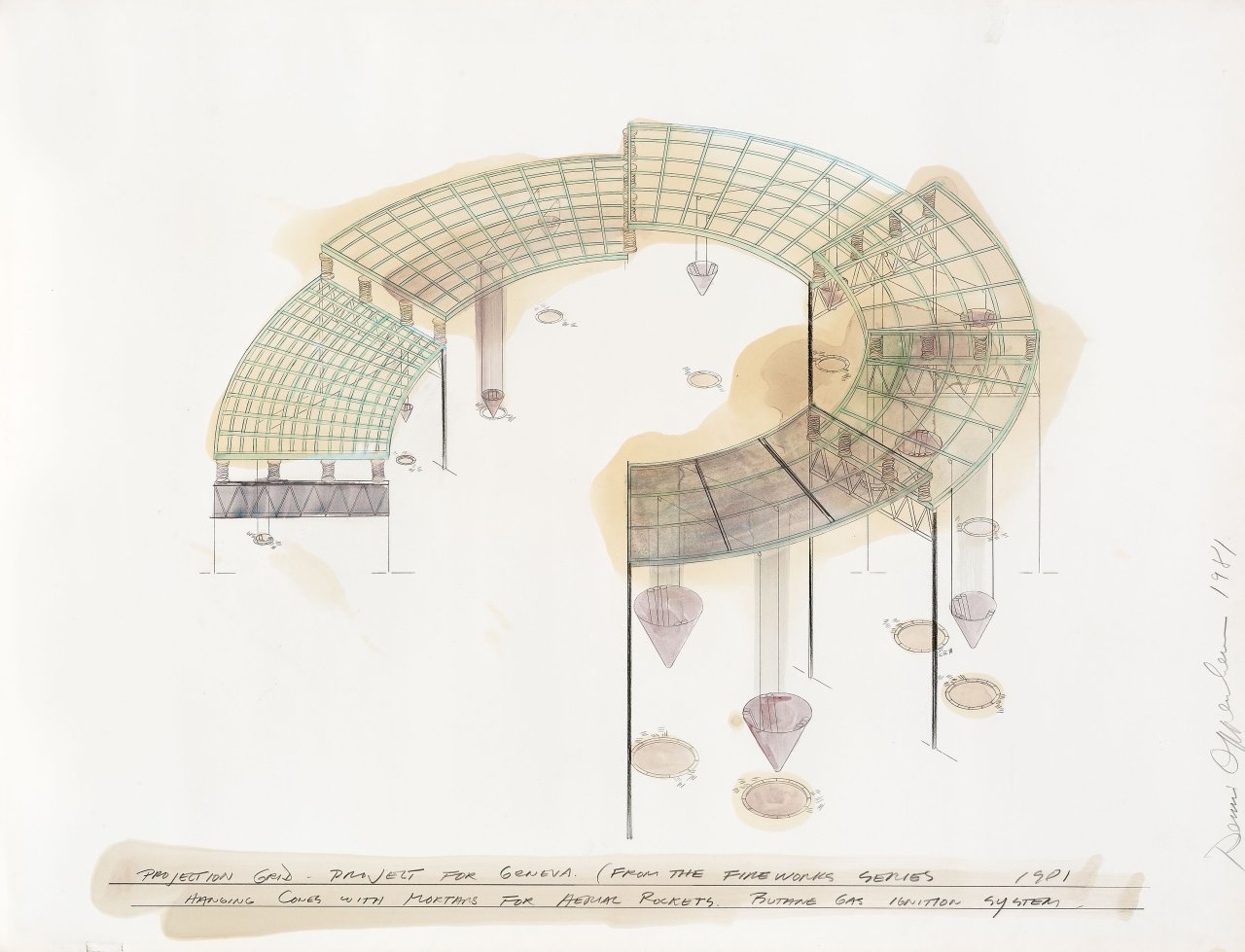 Auf diesem Bild ist das folgende Kunstwerk zu sehen: Dennis Oppenheim. „Projection Grid. Project for Geneva. (From the Fireworks Series)“. 1981.