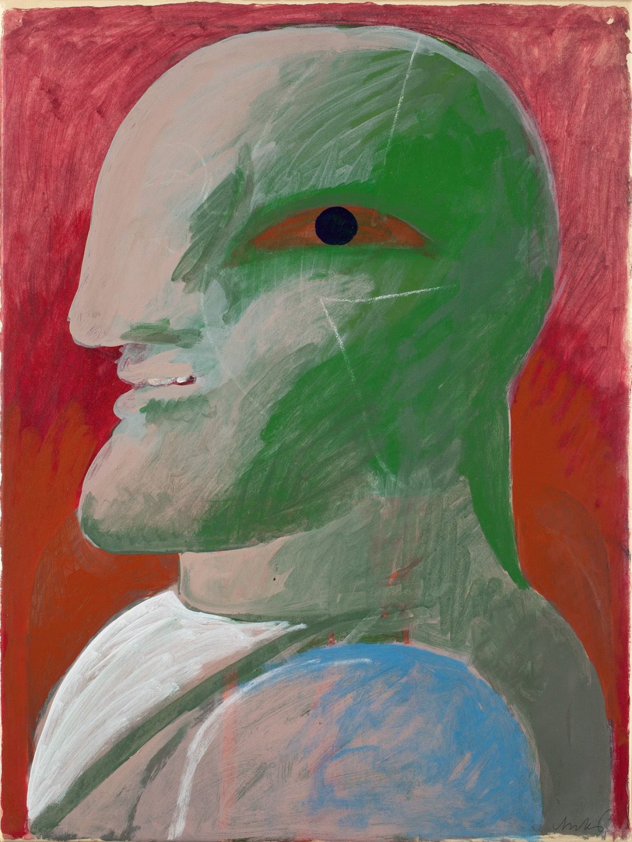 Auf diesem Bild ist das folgende Kunstwerk zu sehen: Horst Antes. Kopf auf rotem Grund. (Vor) 1972.