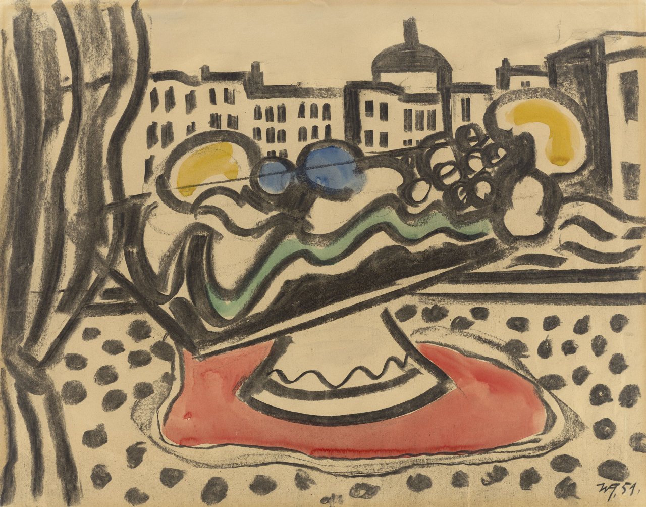 Auf diesem Bild ist das folgende Kunstwerk zu sehen: Werner Heldt. „Blick aus dem Fenster mit Fruchtkorb“. 1951.