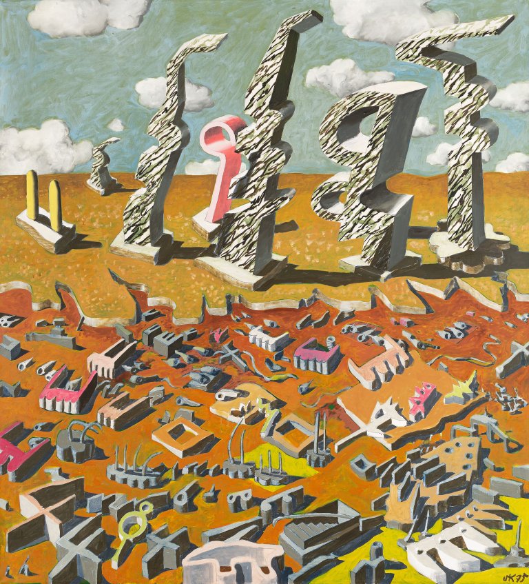 Auf diesem Bild ist das folgende Kunstwerk zu sehen: Ulrich Knispel. Landschaft mit Zeichen. 1975.