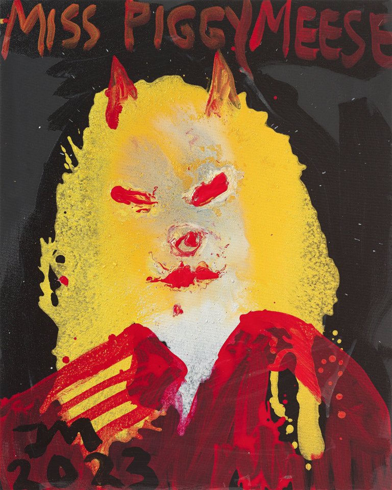 Auf diesem Bild ist das folgende Kunstwerk zu sehen: Jonathan Meese. „MISS PIGGYMEESE (HIER IST DRUSILLA LUCRETIA DE KUNST!)“. 2023.