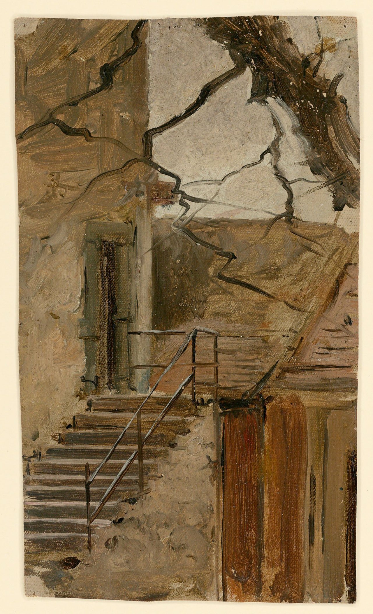 Auf diesem Bild ist das folgende Kunstwerk zu sehen:  Deutsch, um 1880. Hinterhof mit Freitreppe.