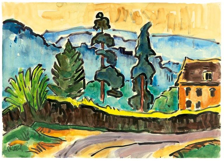 Auf diesem Bild ist das folgende Kunstwerk zu sehen: Karl Schmidt-Rottluff. „Haus und Bäume“ (Hofheim am Taunus). 1960.
