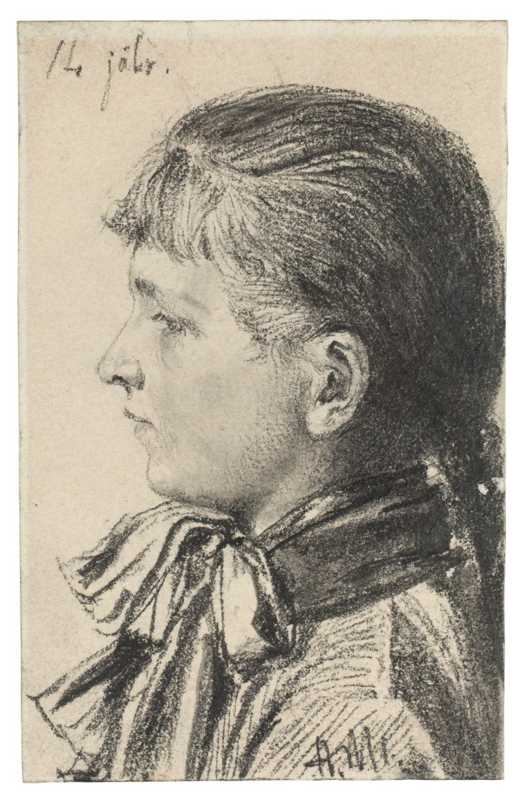 Auf diesem Bild ist das folgende Kunstwerk zu sehen: Adolph Menzel. Kopf eines 14jährigen Mädchens im Profil. Um 1875/80.