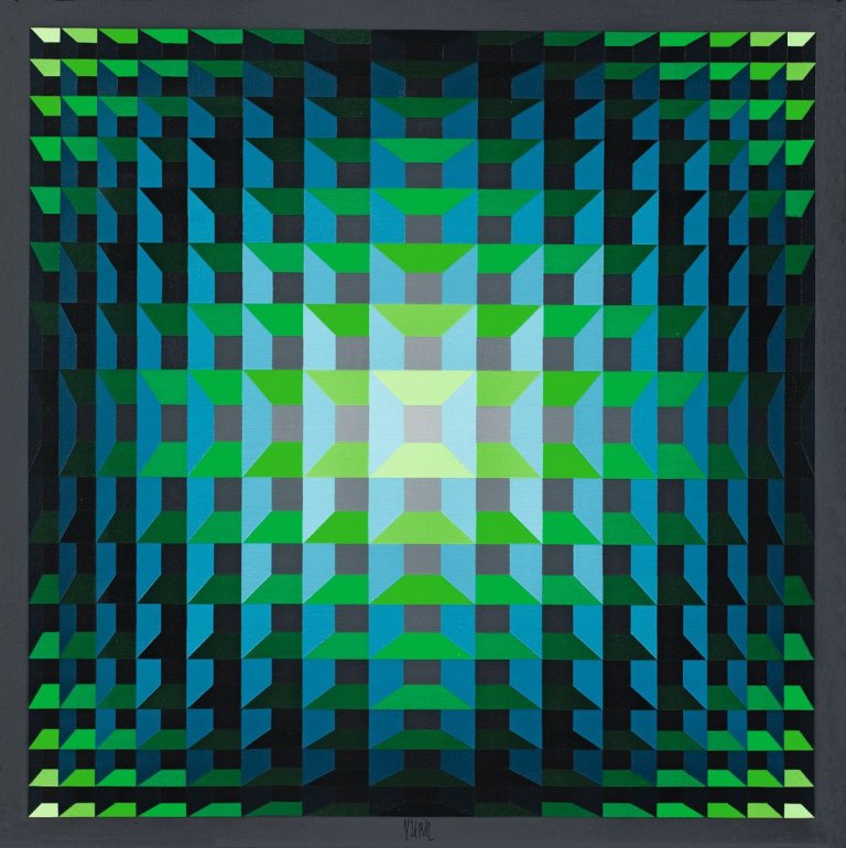 Auf diesem Bild ist das folgende Kunstwerk zu sehen: Jean-Pierre Yvaral. „Structure Ambigue Quadri BVG“. 1974.