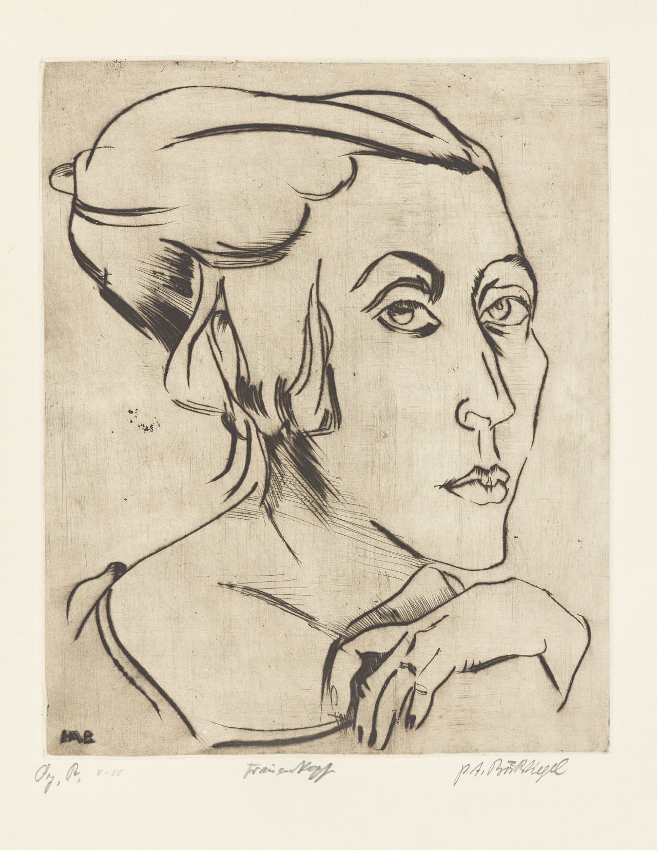 Auf diesem Bild ist das folgende Kunstwerk zu sehen: Peter August Böckstiegel. Frauenkopf. 1922.