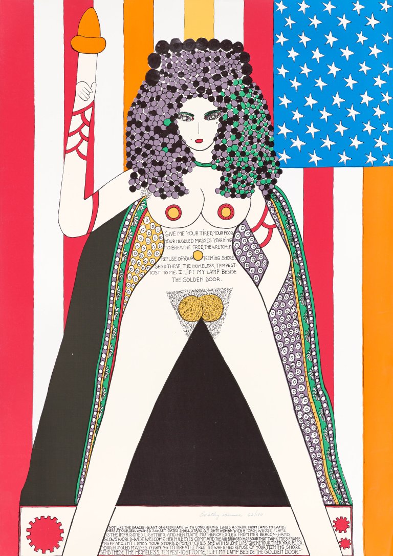 This picture shows the following artwork: Dorothy Iannone. ”I lift my lamp besides the golden door”. 1977.