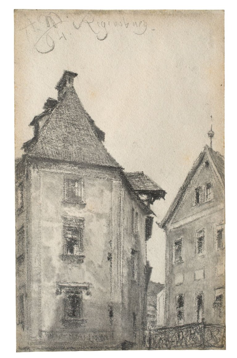 Auf diesem Bild ist das folgende Kunstwerk zu sehen: Adolph Menzel. Regensburger Häuser. 1894.