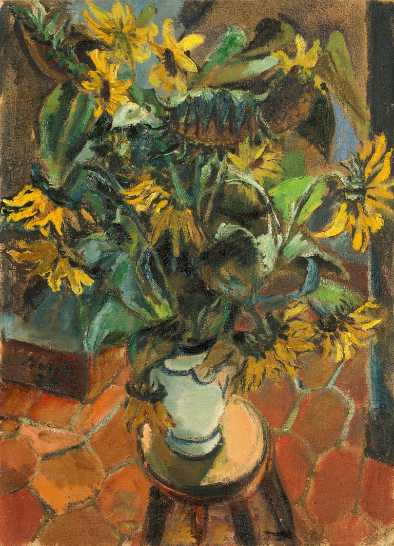 Auf diesem Bild ist das folgende Kunstwerk zu sehen: Rolf Nesch. Stillleben mit Sonnenblumen. 1928.