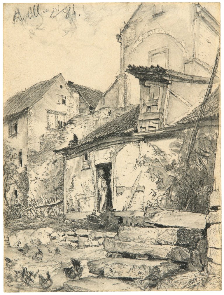 Auf diesem Bild ist das folgende Kunstwerk zu sehen: Adolph Menzel. „Wirtschaftshof bei Kloster Aura bei Kissingen“. 1884.