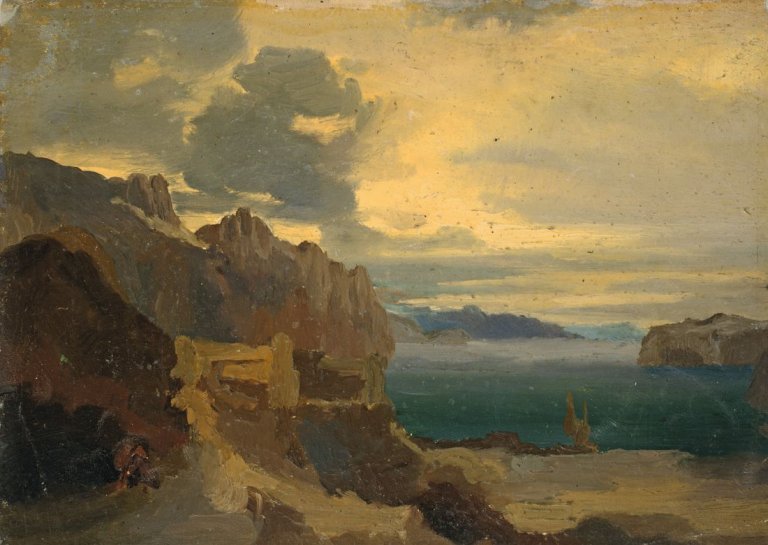 Auf diesem Bild ist das folgende Kunstwerk zu sehen:  Deutsch, um 1840. Italienische Küstenlandschaft.