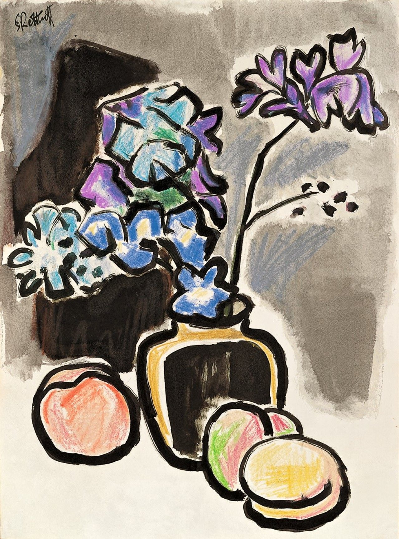 Auf diesem Bild ist das folgende Kunstwerk zu sehen: Karl Schmidt-Rottluff. Stilleben mit Pfirsichen. 1950er Jahre.