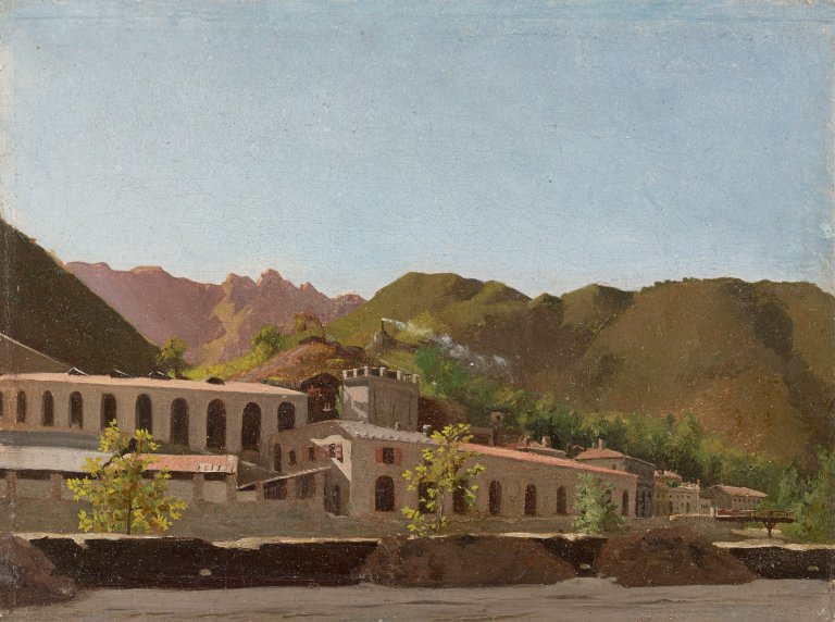 Auf diesem Bild ist das folgende Kunstwerk zu sehen:  Französisch, um 1830. Südliche Stadt am Gebirge.