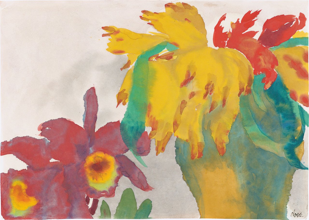 This picture shows the following artwork: Emil Nolde. ”Blumenstilleben mit roten, gelben und violetten Blüten”. Circa 1930.