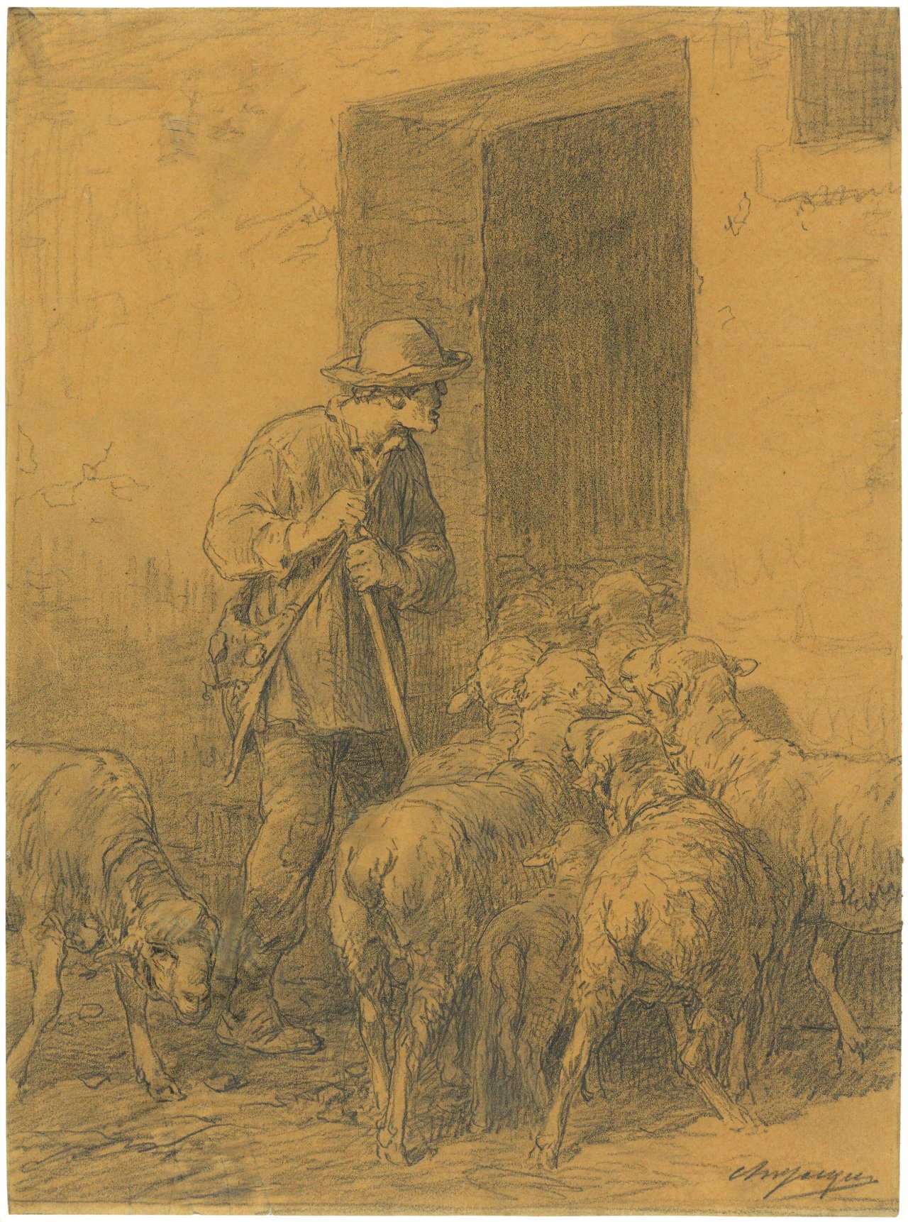 Auf diesem Bild ist das folgende Kunstwerk zu sehen: Charles Emile Jacque. An der Stalltür. Um 1876.