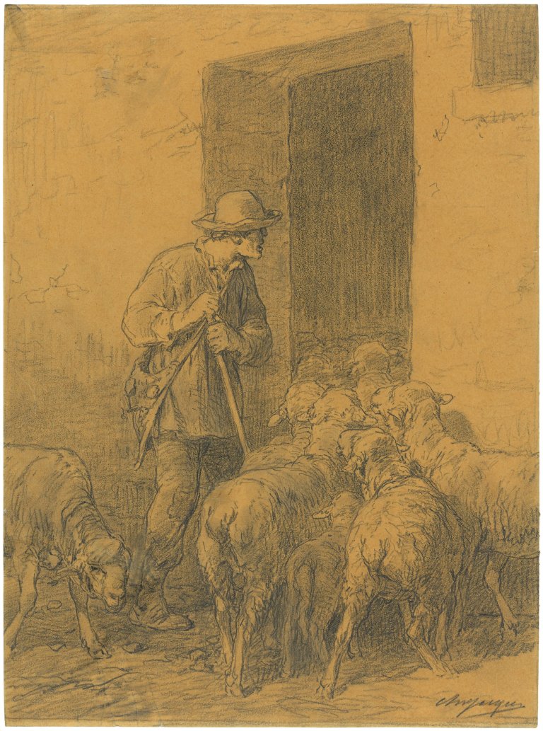 Auf diesem Bild ist das folgende Kunstwerk zu sehen: Charles Emile Jacque. An der Stalltür. Um 1876.