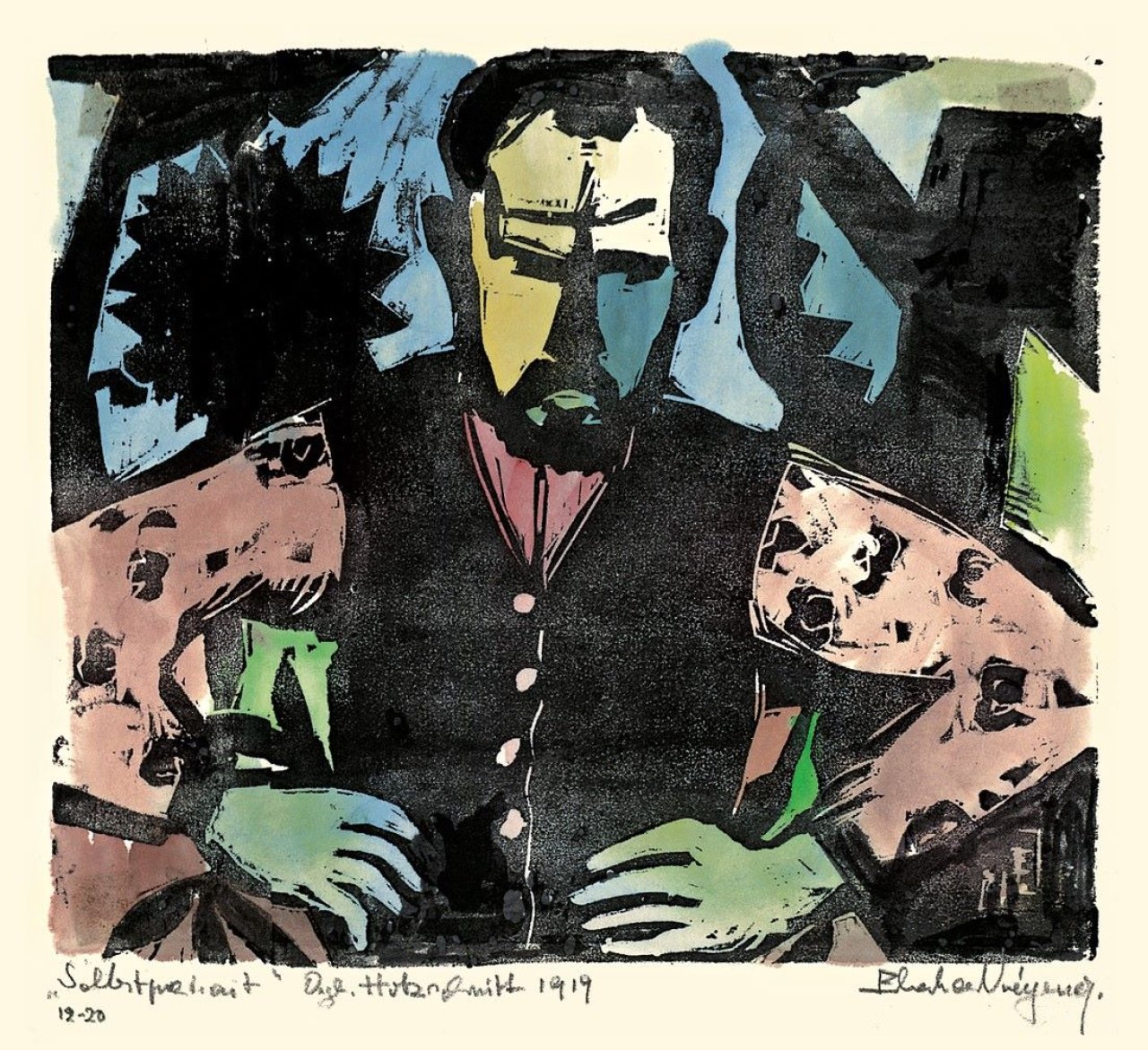 Auf diesem Bild ist das folgende Kunstwerk zu sehen: Eberhard Viegener. „Selbstportrait“ / „Weiden im Sturm“. 1919/1920.