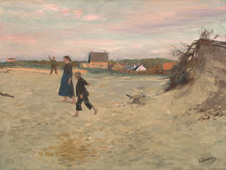 Auf diesem Bild ist das folgende Kunstwerk zu sehen: Franz Skarbina. Spielende Kinder am Nordseestrand. 1885.