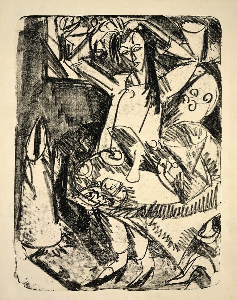 Auf diesem Bild ist das folgende Kunstwerk zu sehen: Ernst Ludwig Kirchner. „Toilette im Schlafanzug“. 1914.