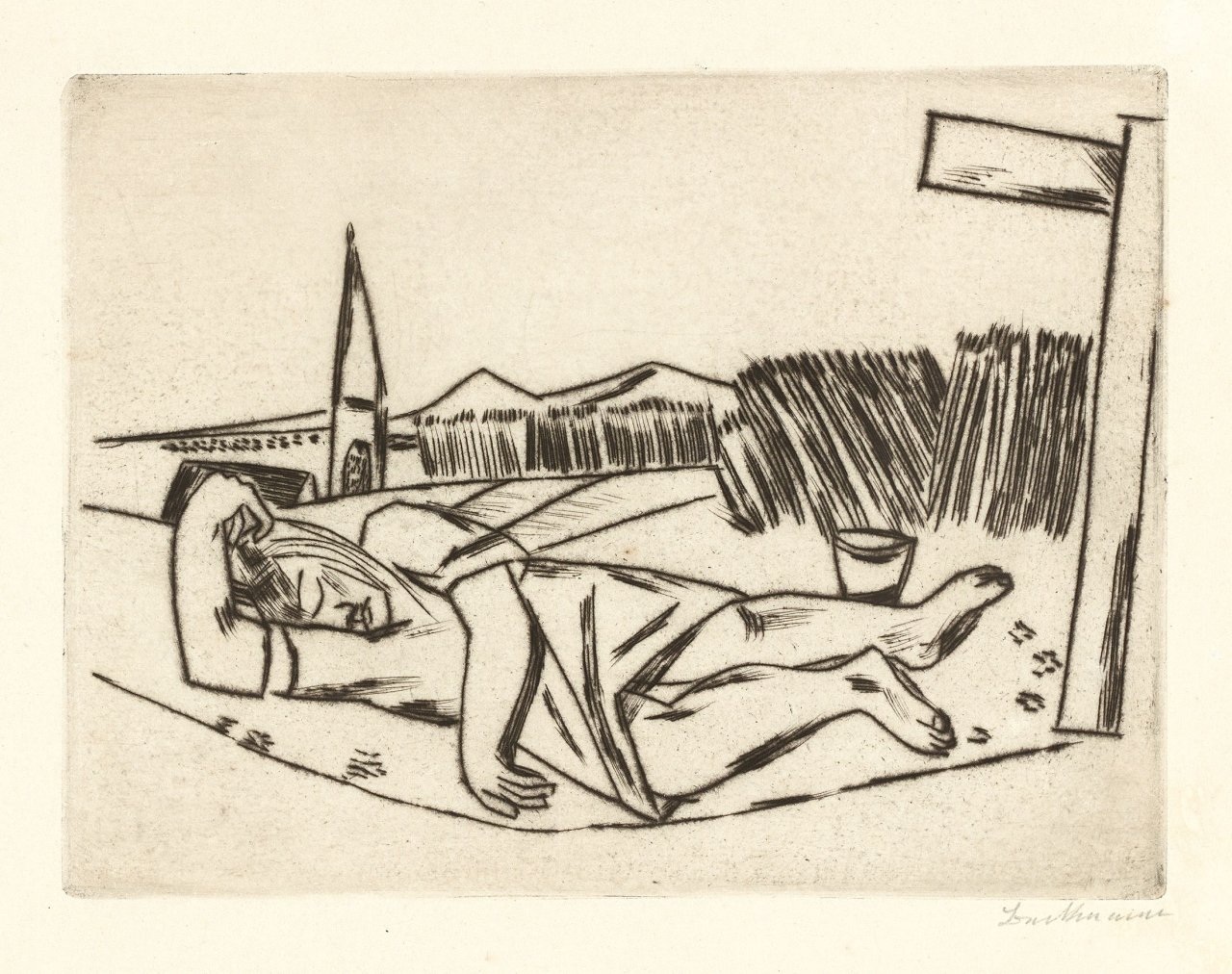 Auf diesem Bild ist das folgende Kunstwerk zu sehen: Max Beckmann. „Schlafendes Mädchen im Kornfeld“. 1922.
