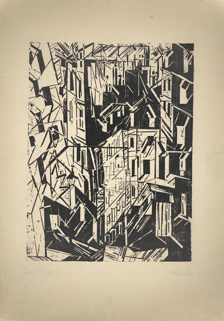 Auf diesem Bild ist das folgende Kunstwerk zu sehen: Lyonel Feininger. „Strasse in Paris (Pariser Häuser)“. 1918.
