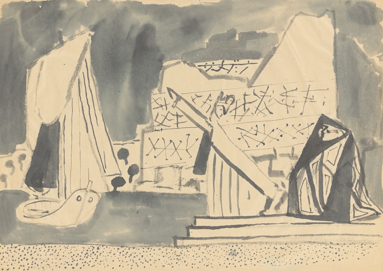 This picture shows the following artwork: Werner Gilles. Bucht mit Segelboot und Figur.
