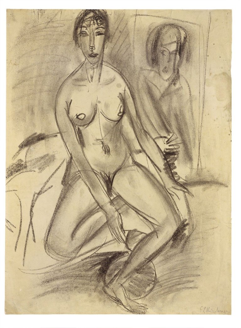 Auf diesem Bild ist das folgende Kunstwerk zu sehen: Ernst Ludwig Kirchner. Sitzender weiblicher Akt (Erna). Um 1912.