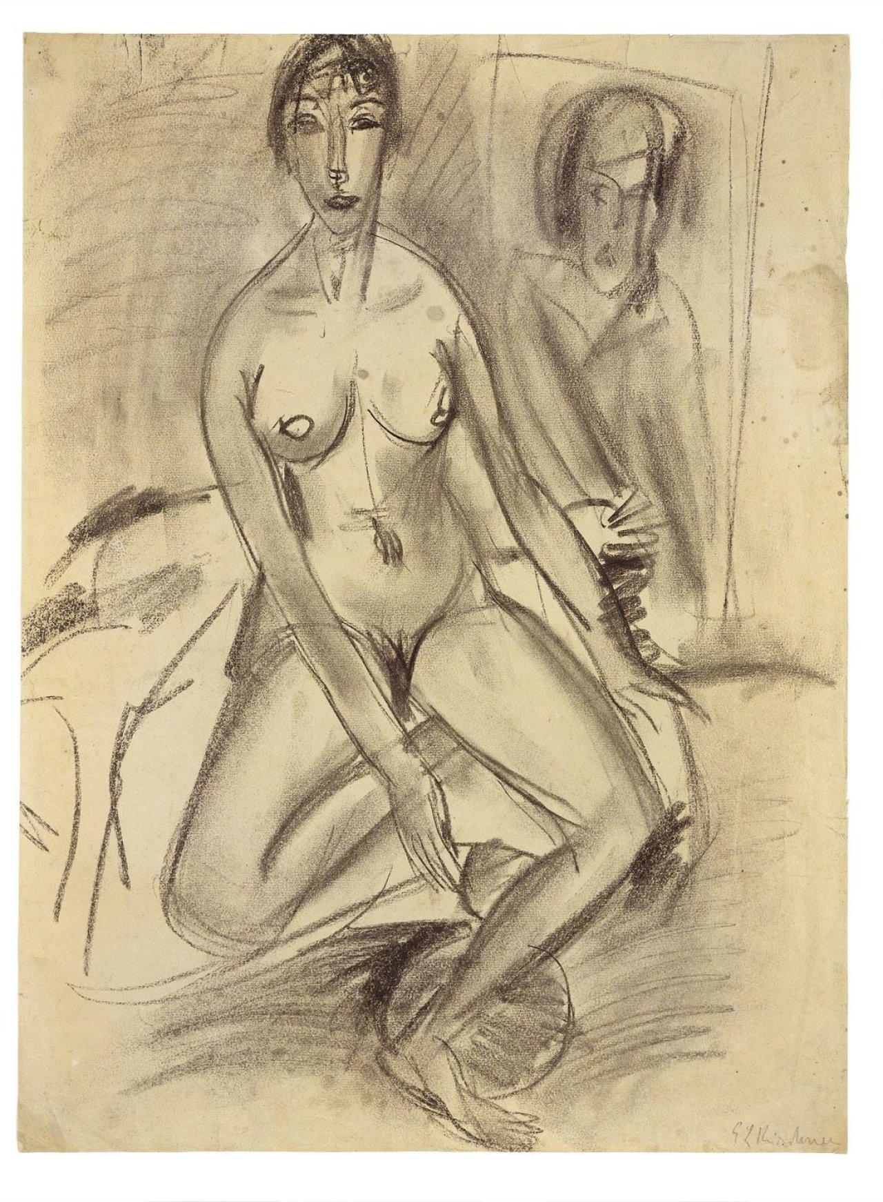 Auf diesem Bild ist das folgende Kunstwerk zu sehen: Ernst Ludwig Kirchner. Sitzender weiblicher Akt (Erna). Um 1912.