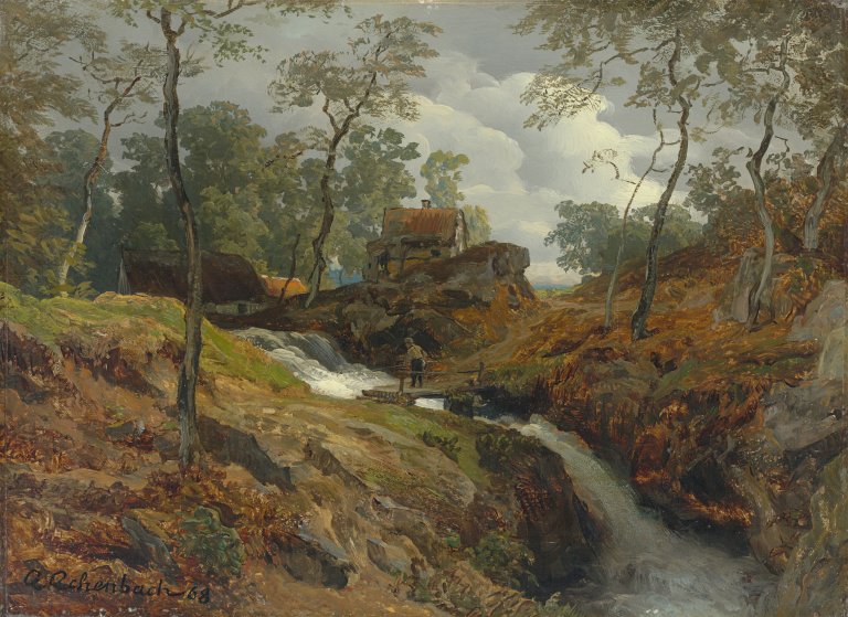 Auf diesem Bild ist das folgende Kunstwerk zu sehen: Andreas Achenbach. Am Wildbach. 1868.