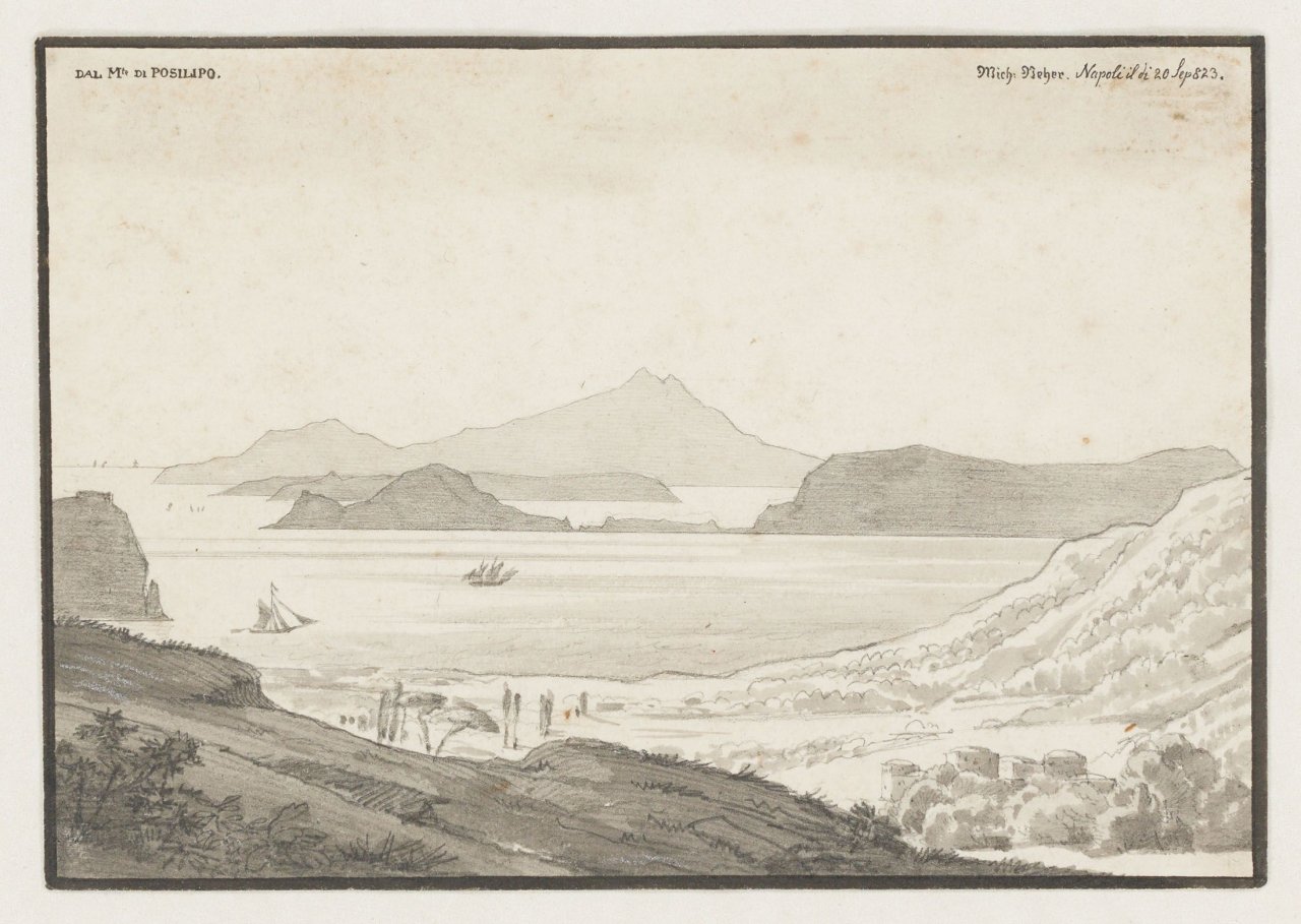 Auf diesem Bild ist das folgende Kunstwerk zu sehen: Michael Neher. Blick auf den Golf von Baiae (mit Kap Misenum, Procida und Ischia). 1823.